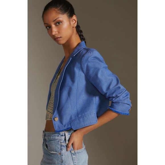 by Anthropologie Cropped Frayed Hem Blazer Blue Single Button Women's Size 2 - Picture 5 of 13